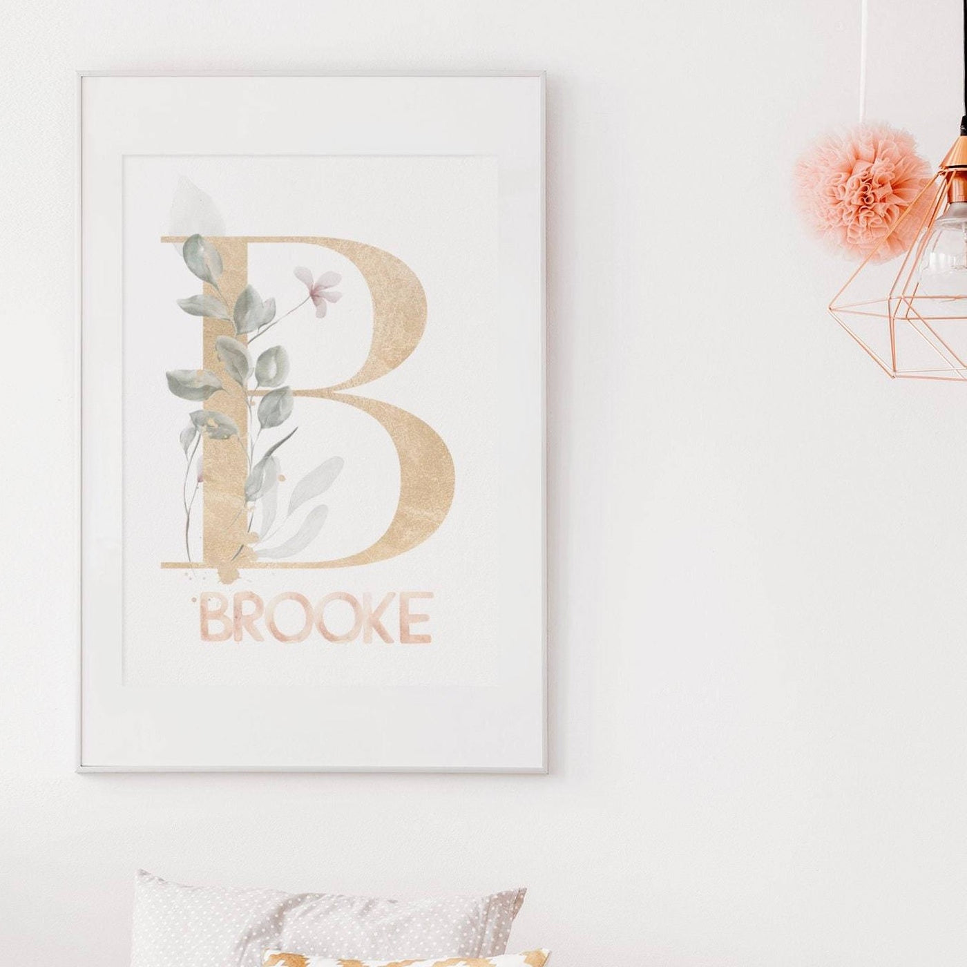 Boho nursery name, Baby shower gift, Baby girl wall art, Personalized prints, Blush pink and gold, Floral initial print,Custom name art
